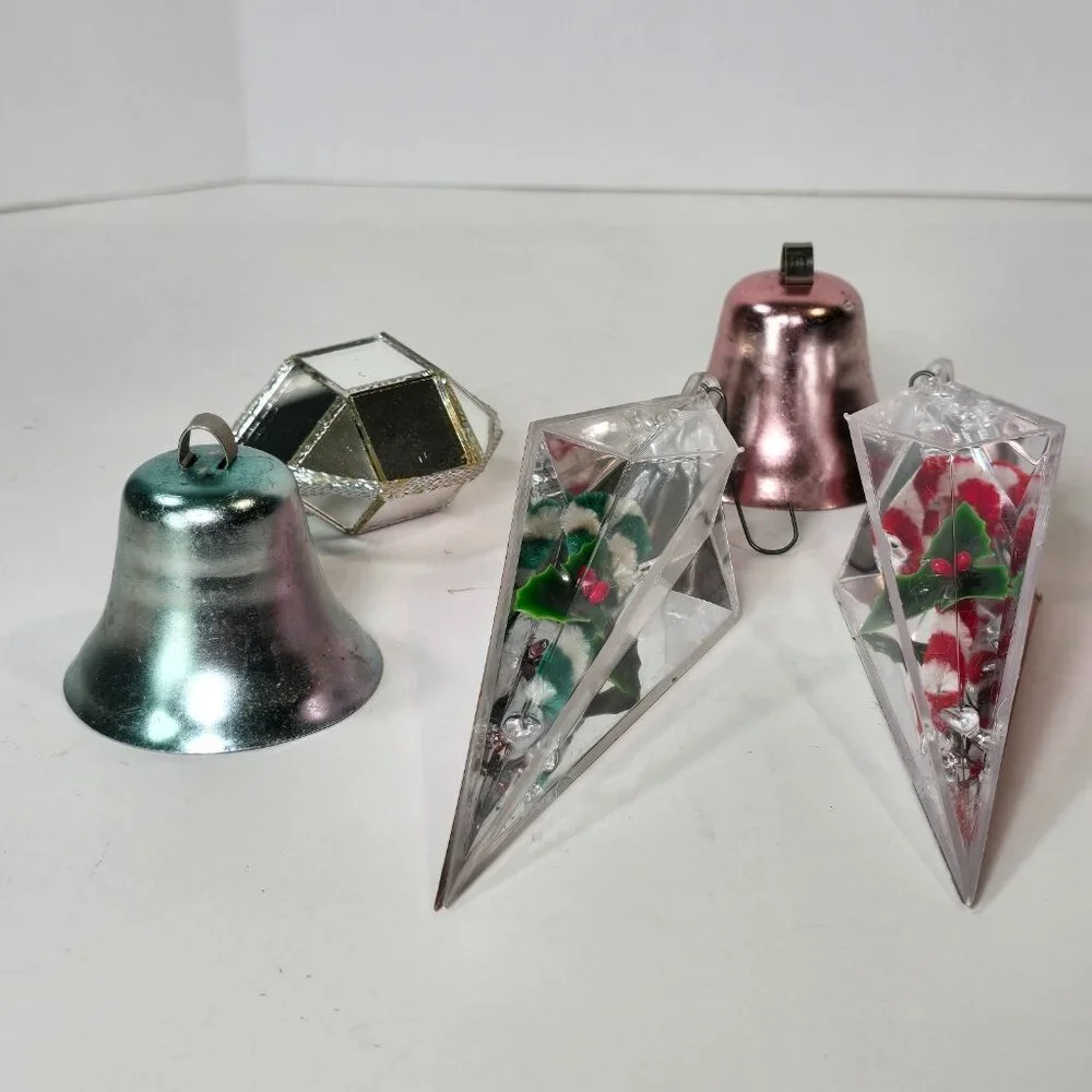 VTG Christmas Ornaments Lot Aluminum Bells Plastic Icicles Mirrored Ball 50s 60s